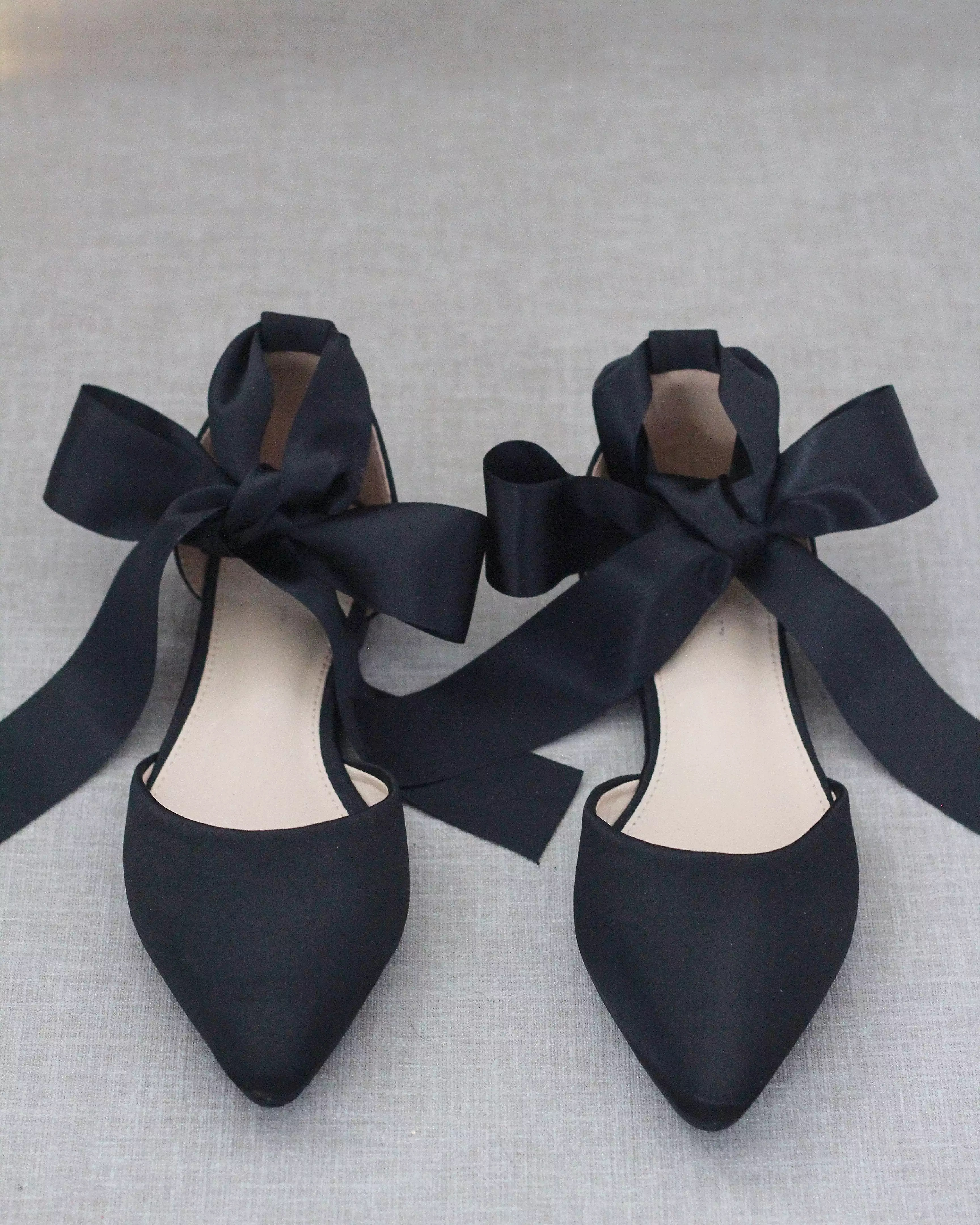 Black Satin Pointy Toe Flats with Satin Ankle Tie or Ballerina Lace Up