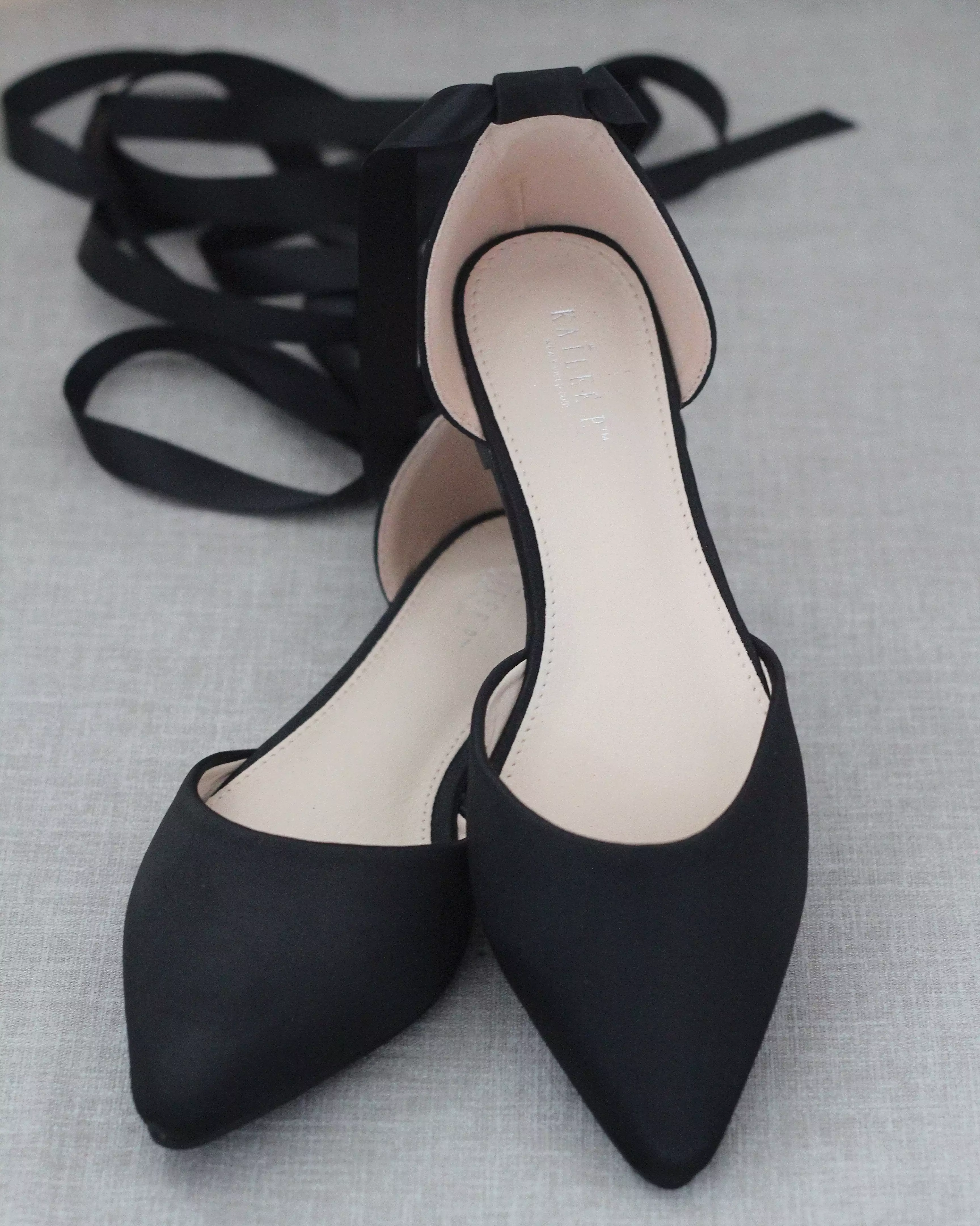 Black Satin Pointy Toe Flats with Satin Ankle Tie or Ballerina Lace Up