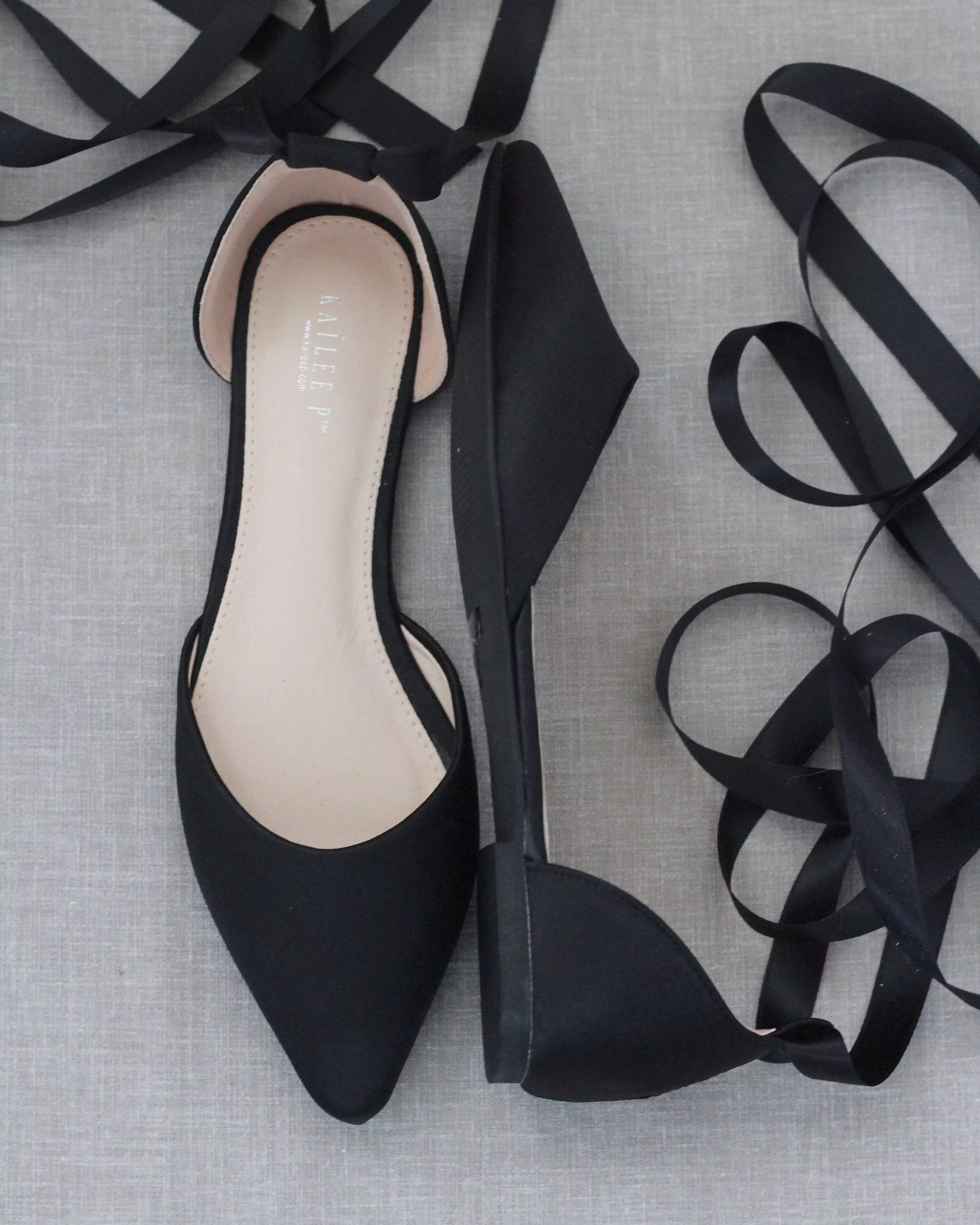 Black Satin Pointy Toe Flats with Satin Ankle Tie or Ballerina Lace Up