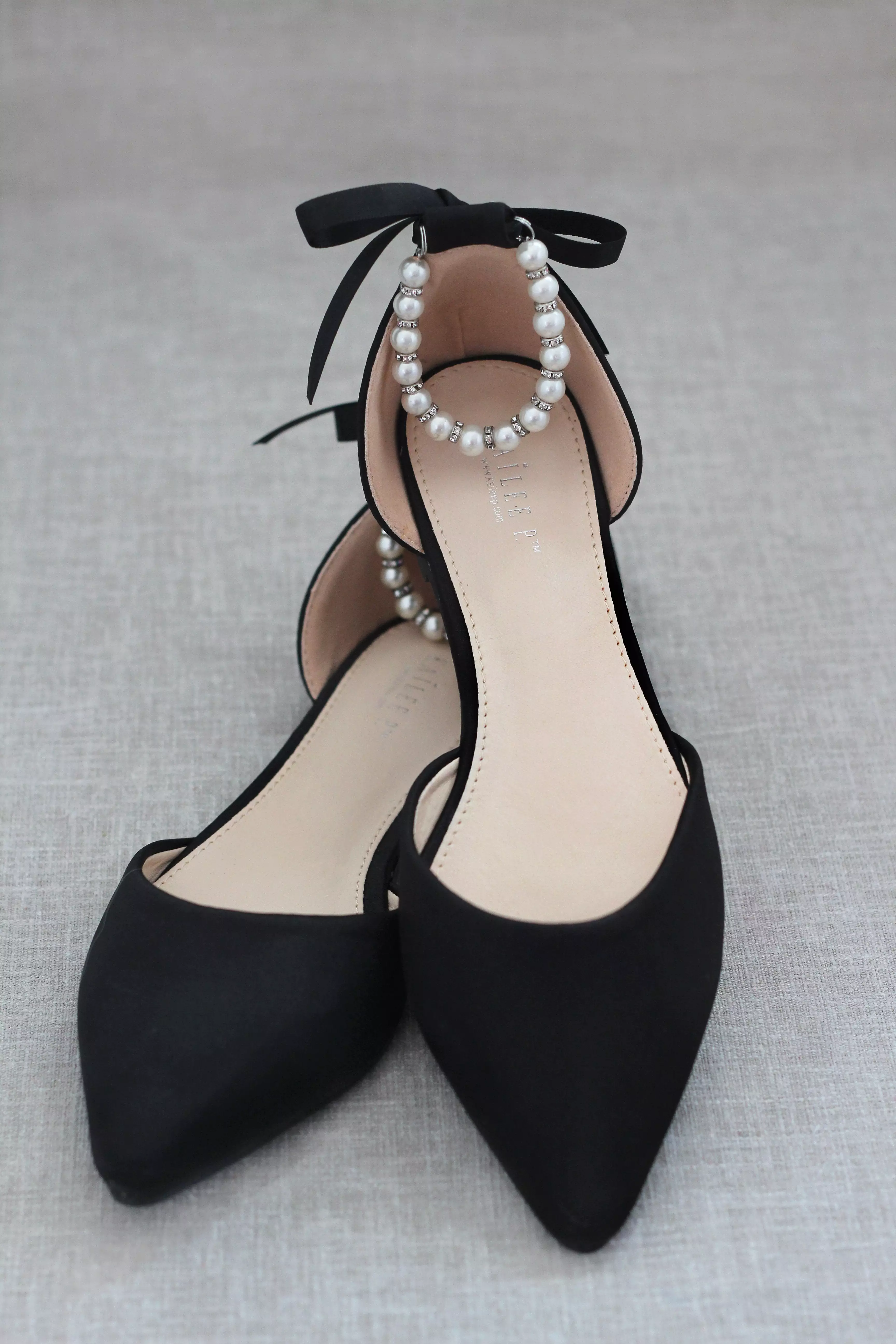 Black Satin Pointy Toe Flats with Satin Ankle Tie or Ballerina Lace Up