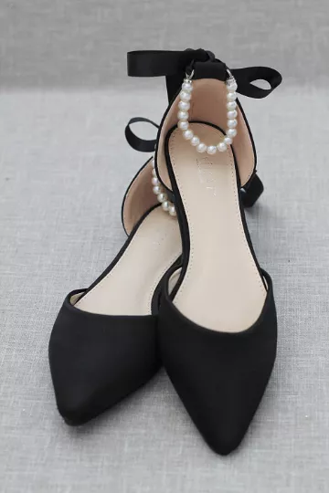 Black Satin Pointy Toe Flats with Satin Ankle Tie or Ballerina Lace Up