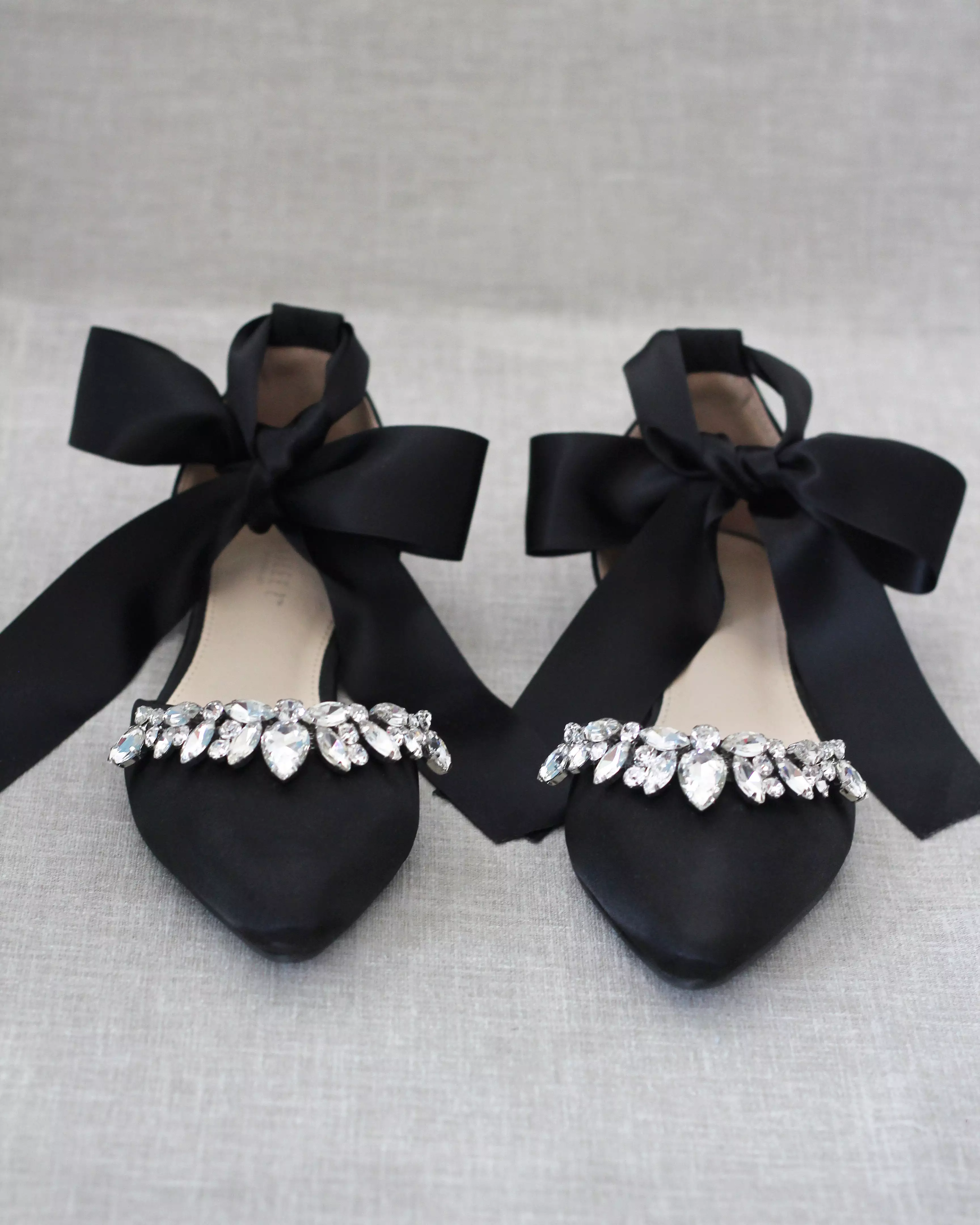 Black Satin Pointy Toe Flats with Teardrop Rhinestones Embellishments