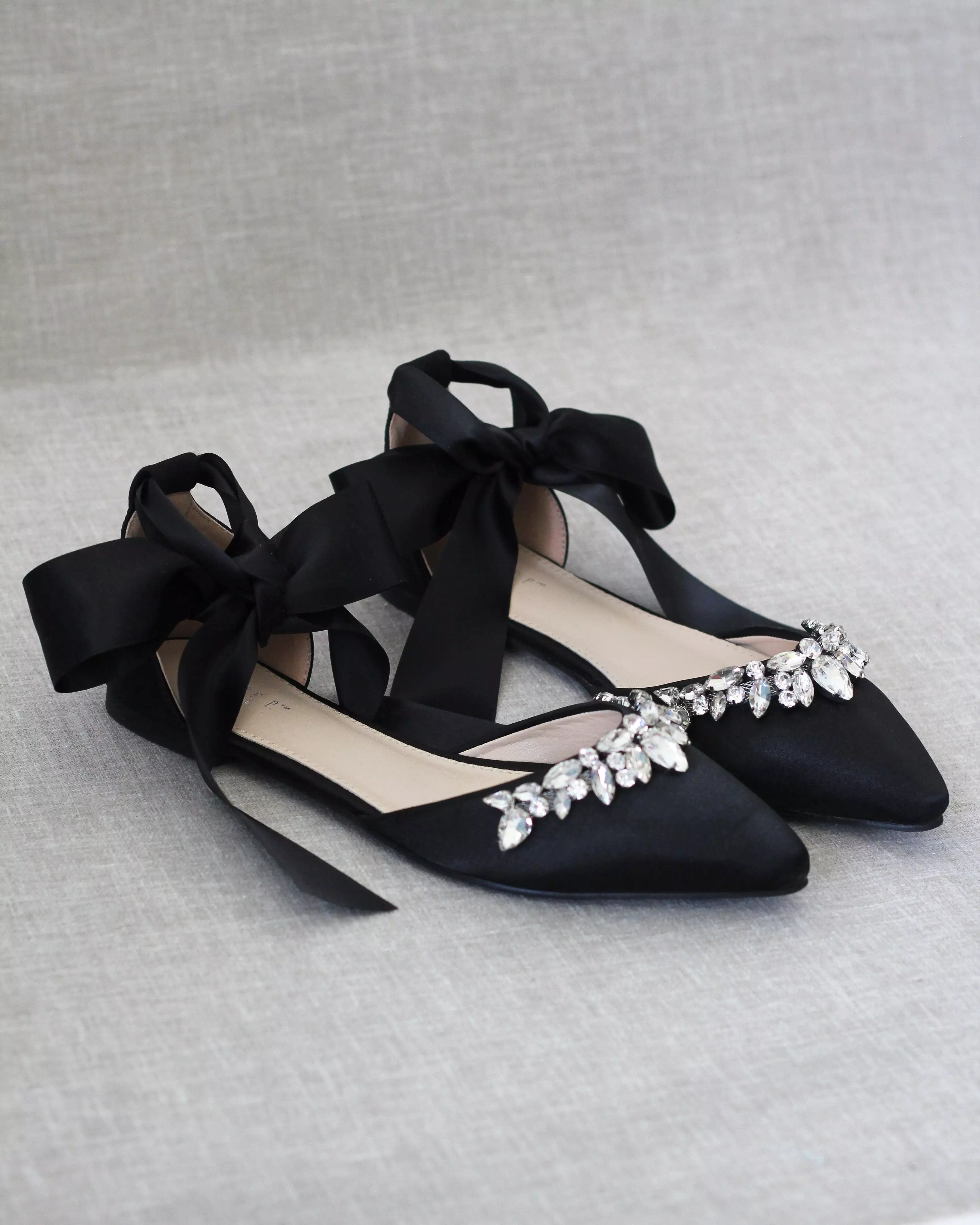 Black Satin Pointy Toe Flats with Teardrop Rhinestones Embellishments