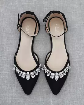 Black Satin Pointy Toe Flats with Teardrop Rhinestones Embellishments