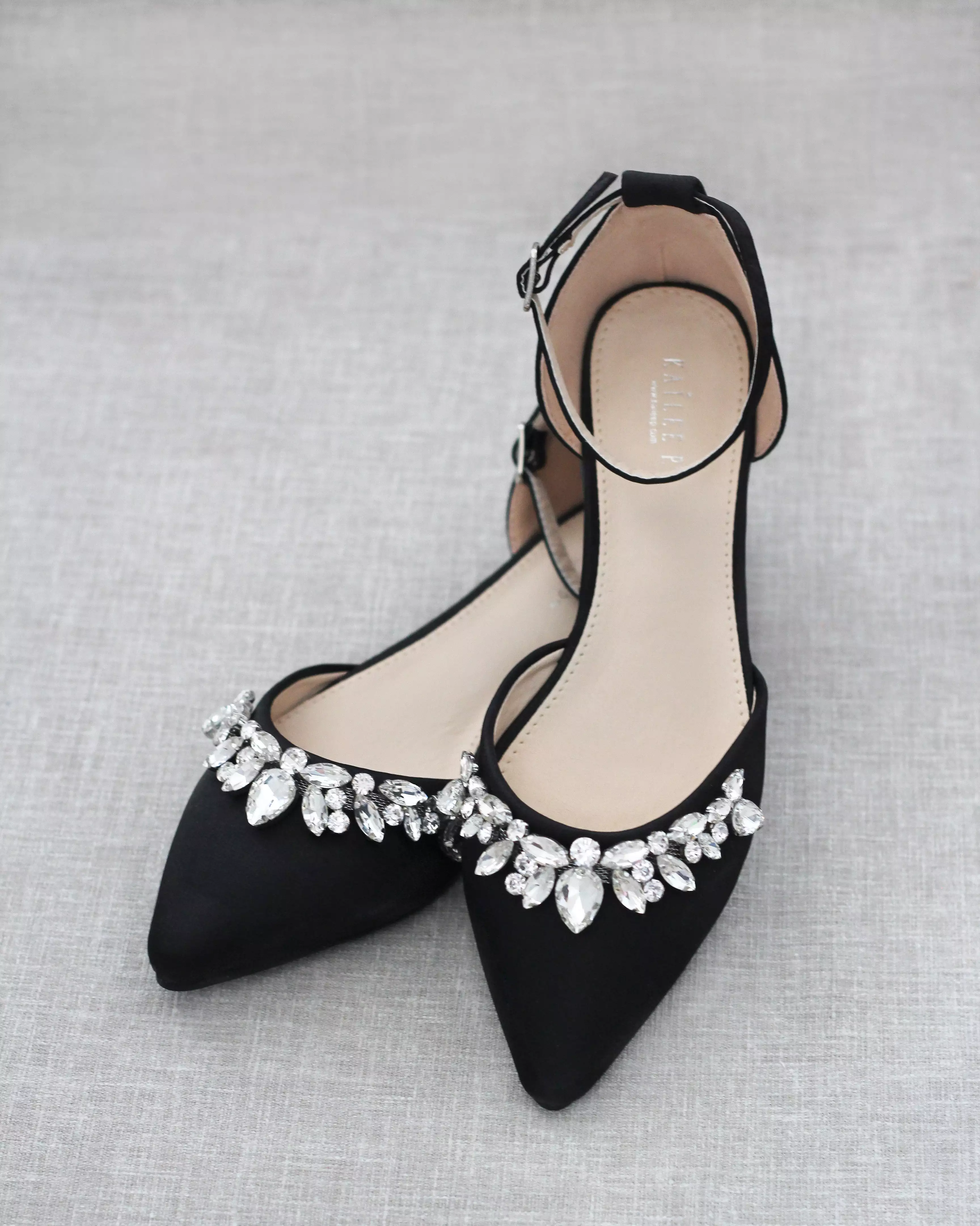 Black Satin Pointy Toe Flats with Teardrop Rhinestones Embellishments