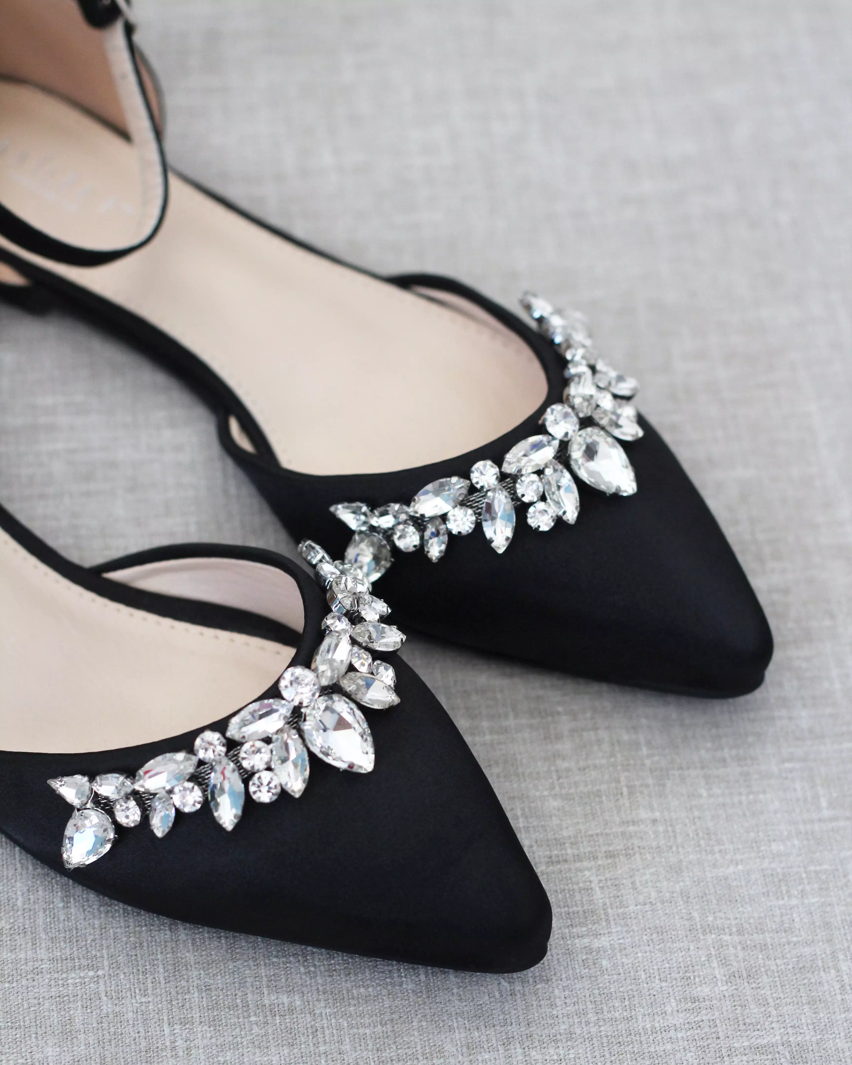 Black Satin Pointy Toe Flats with Teardrop Rhinestones Embellishments