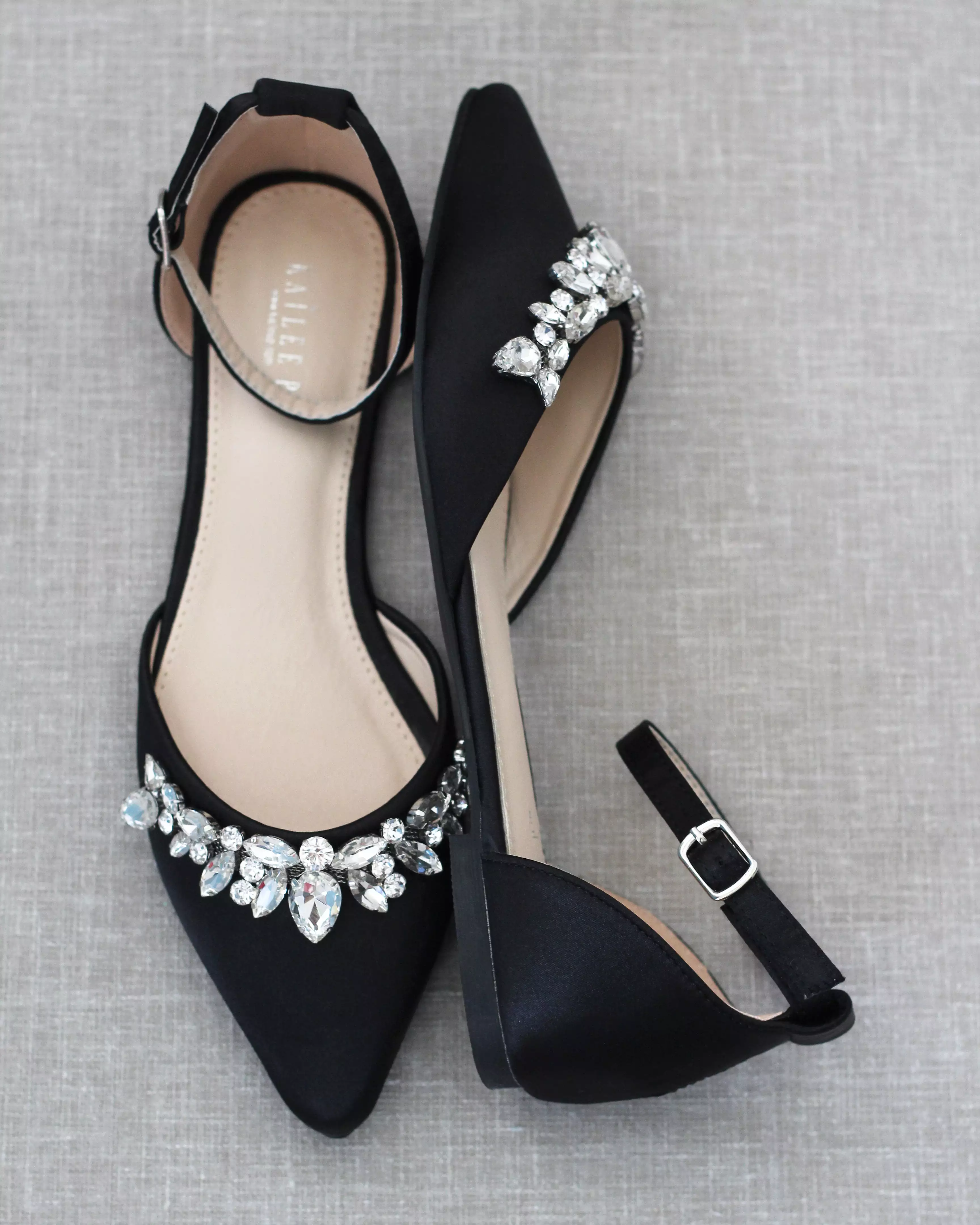 Black Satin Pointy Toe Flats with Teardrop Rhinestones Embellishments