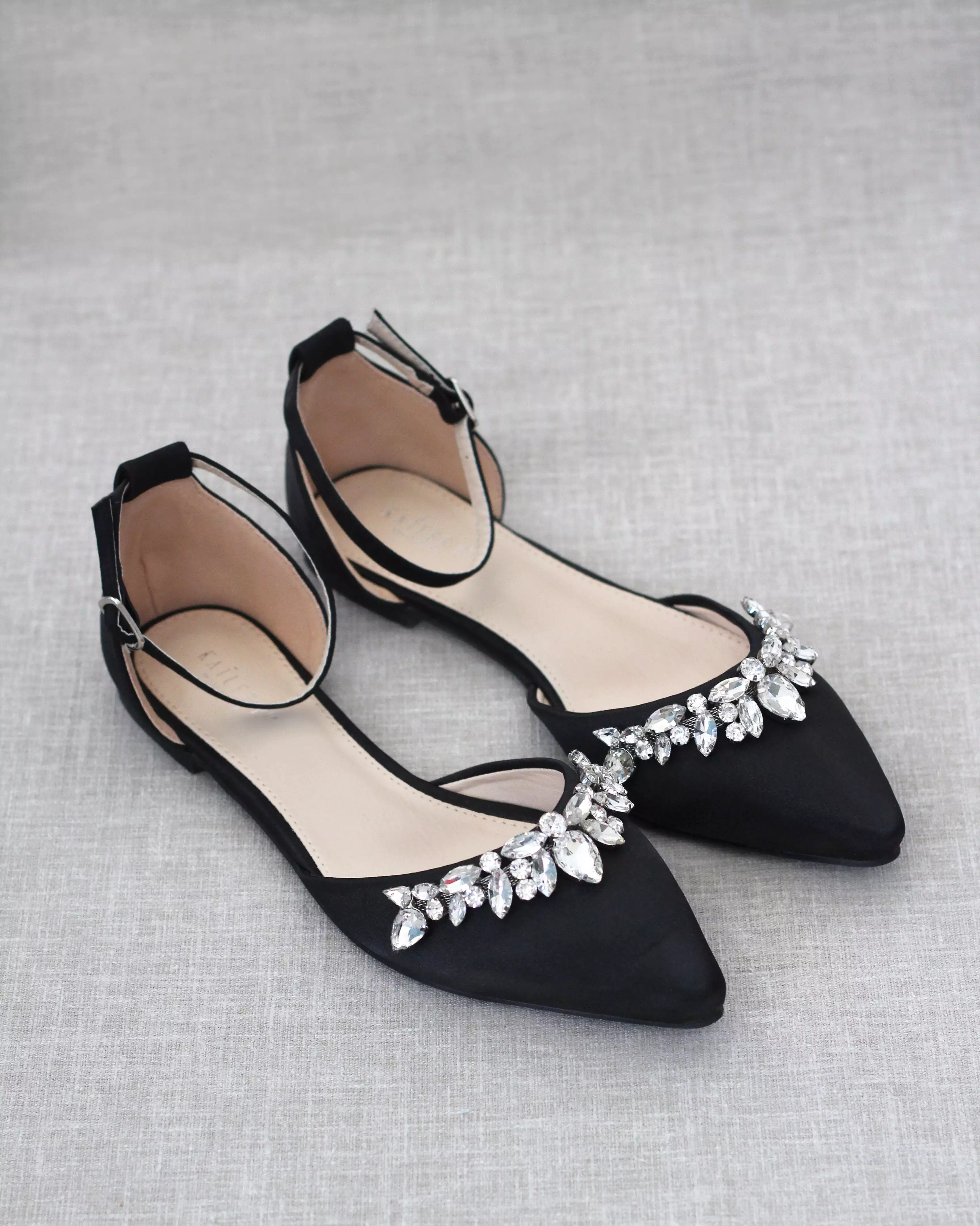 Black Satin Pointy Toe Flats with Teardrop Rhinestones Embellishments