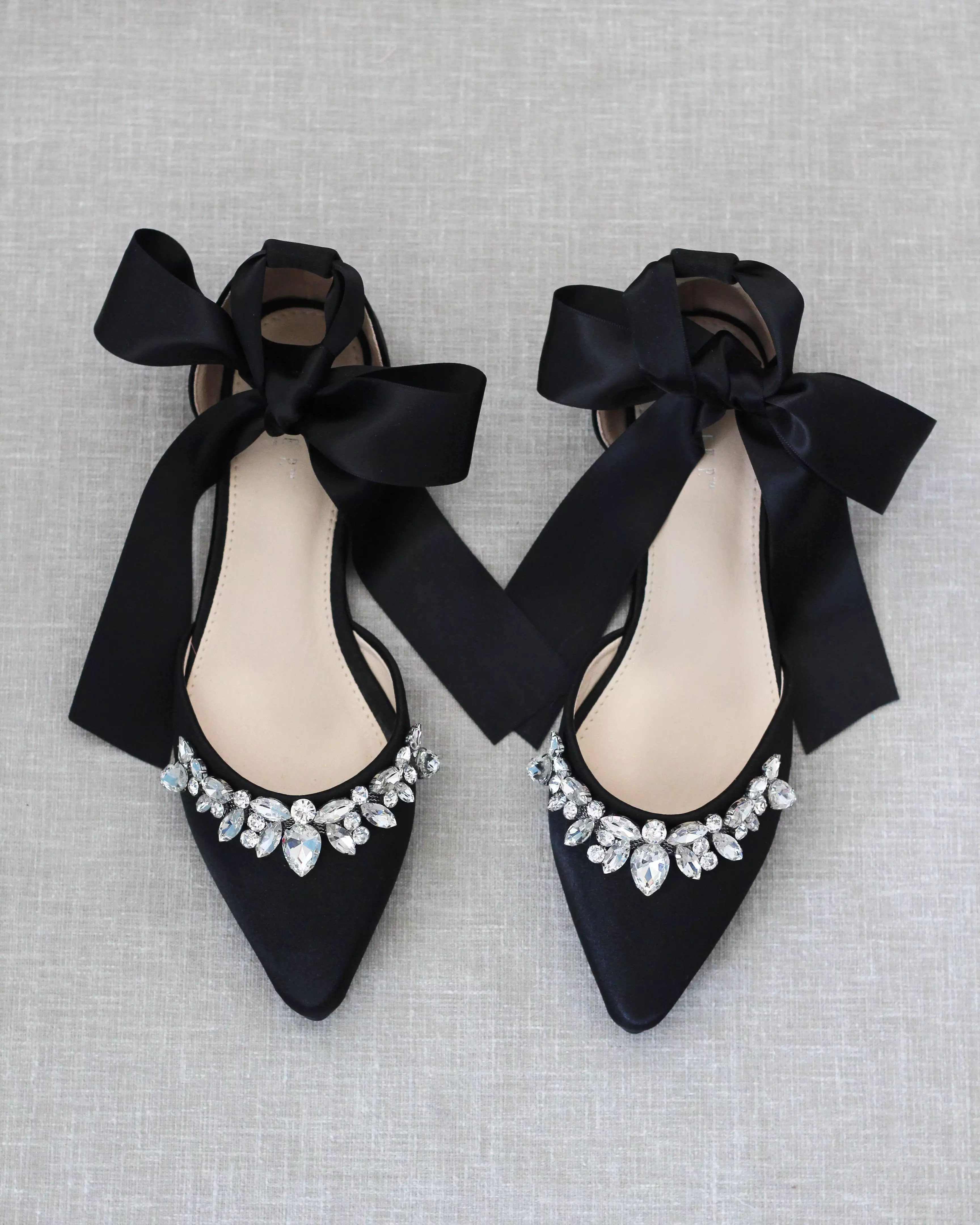 Black Satin Pointy Toe Flats with Teardrop Rhinestones Embellishments