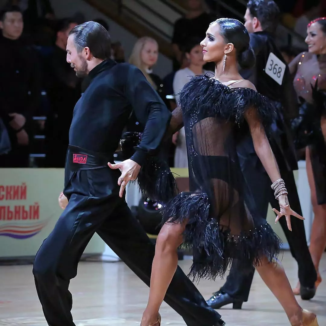 Black Transparent Latin Dress with Feathers