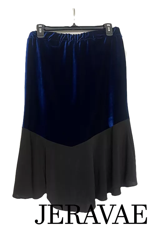 Body Positive Drest Couture Blue Stretch Velvet and Black Latin Practice Skirt with Ruching in Center US Size 8-30 PRA 1034 in S