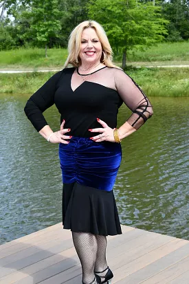 Body Positive Drest Couture Blue Stretch Velvet and Black Latin Practice Skirt with Ruching in Center US Size 8-30 PRA 1034 in S