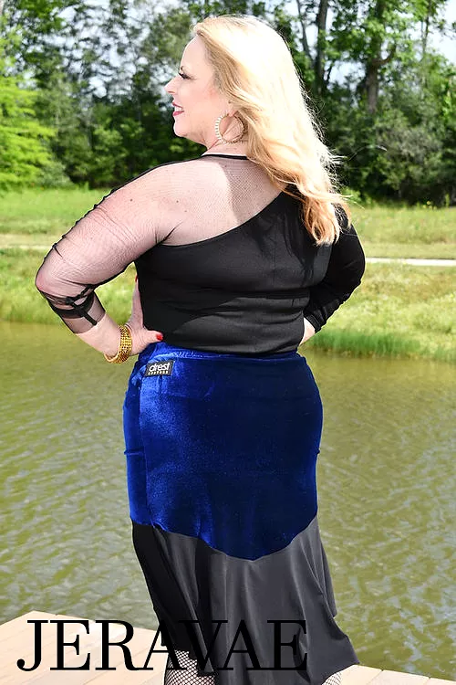 Body Positive Drest Couture Blue Stretch Velvet and Black Latin Practice Skirt with Ruching in Center US Size 8-30 PRA 1034 in S