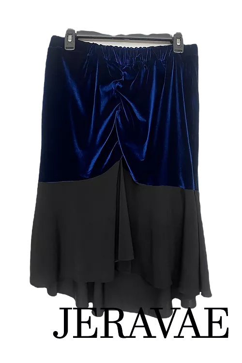 Body Positive Drest Couture Blue Stretch Velvet and Black Latin Practice Skirt with Ruching in Center US Size 8-30 PRA 1034 in S