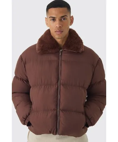 boohooMAN Mens Boxy Faux Fur Collar Puffer Jacket In Chocolate