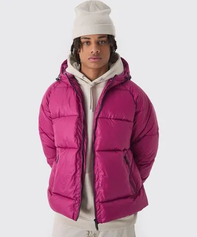 boohooMAN Mens Hooded Ripstop Puffer Jacket In Pink