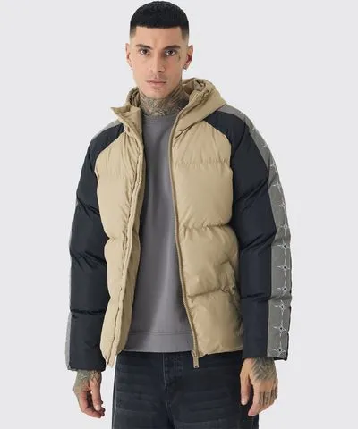 boohooMAN Mens Tall Worldwide Hooded Colour Block Puffer Jacket In Stone