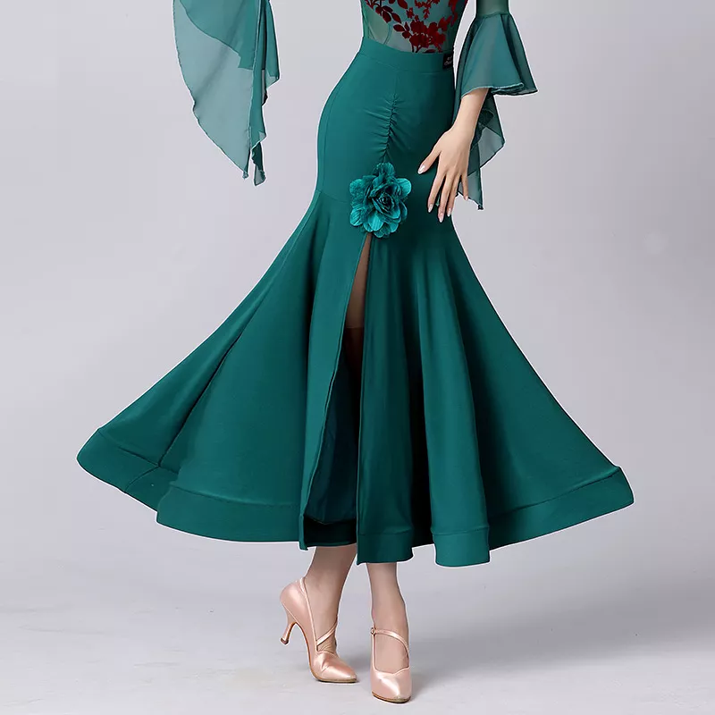 Bottle Green Ballroom Practice Skirt with Slit, Flower Detail, and Rouching PRA 1017 in Stock