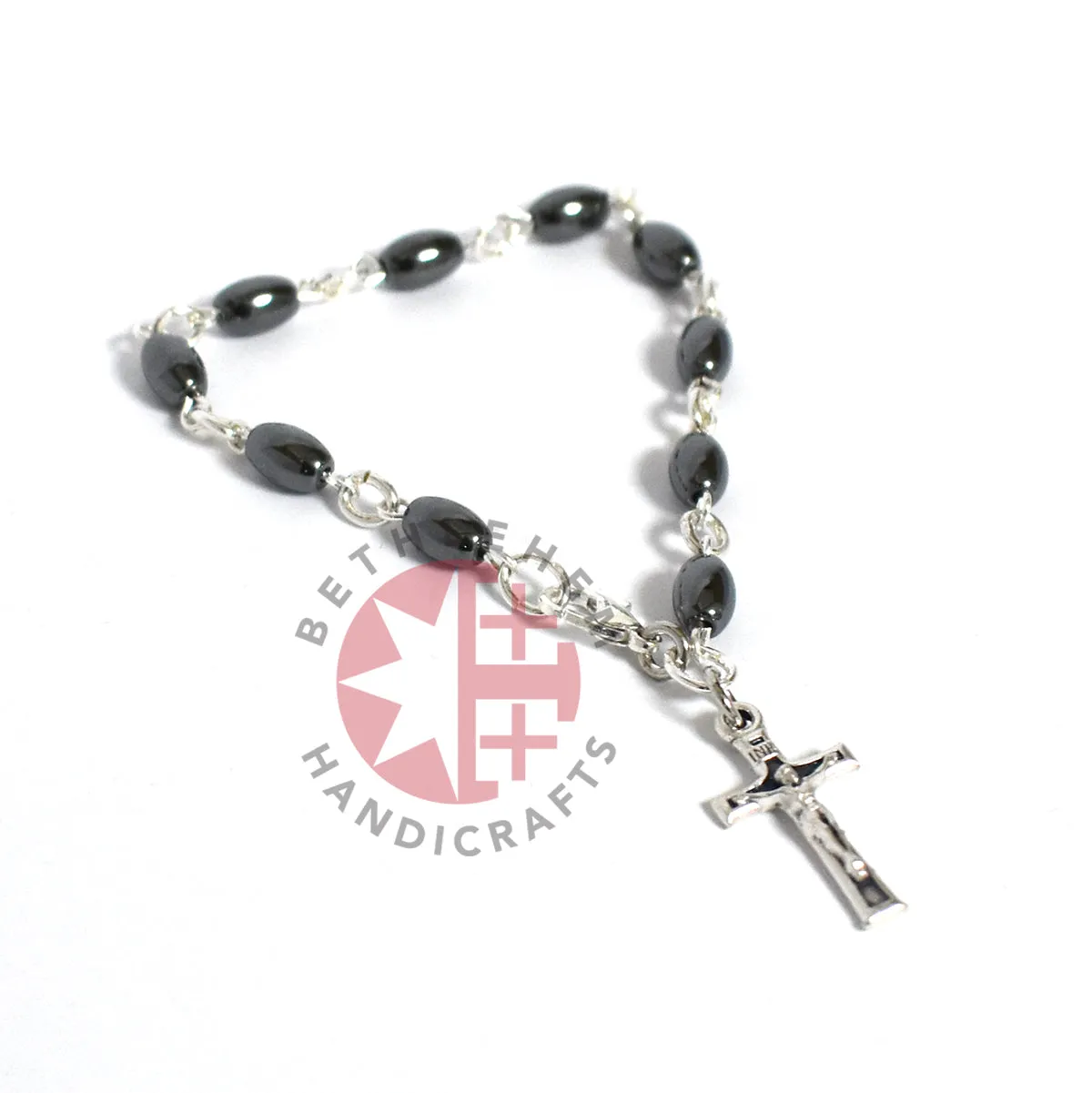 Bracelet with Latin Cross Pendant, Hematite Stone 8x 5mm