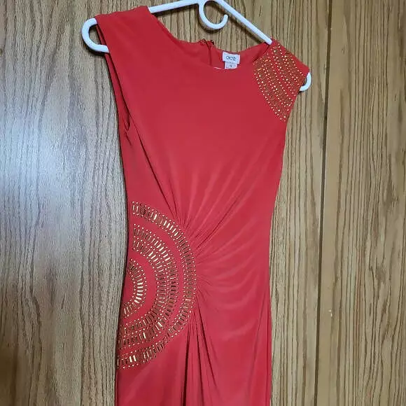 Bright Coral Latin Dress With Gold Embelishments