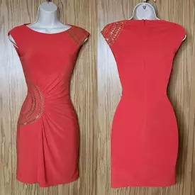 Bright Coral Latin Dress With Gold Embelishments