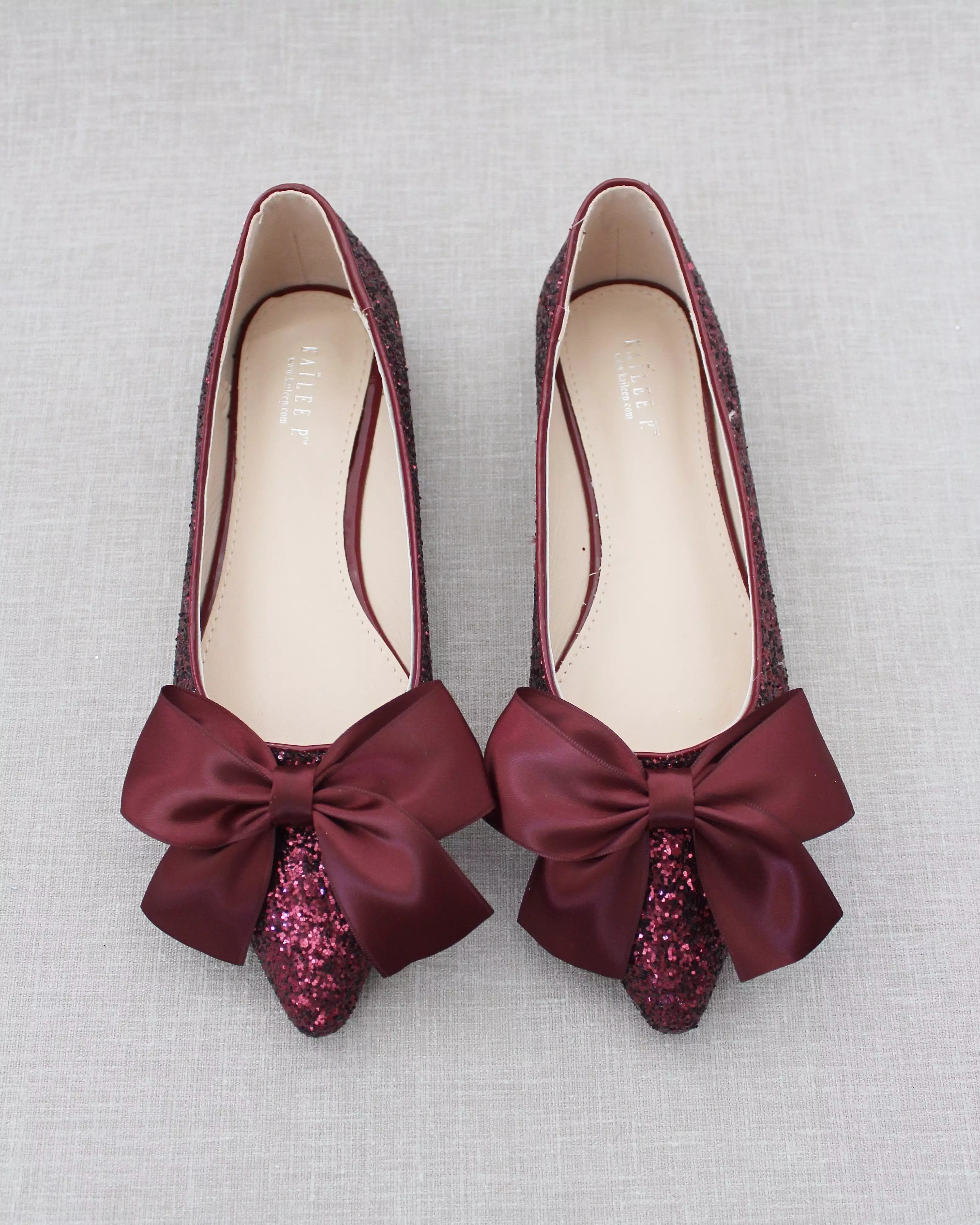 Burgundy Pointy Toe Glitter Evening Flats with Satin Bow