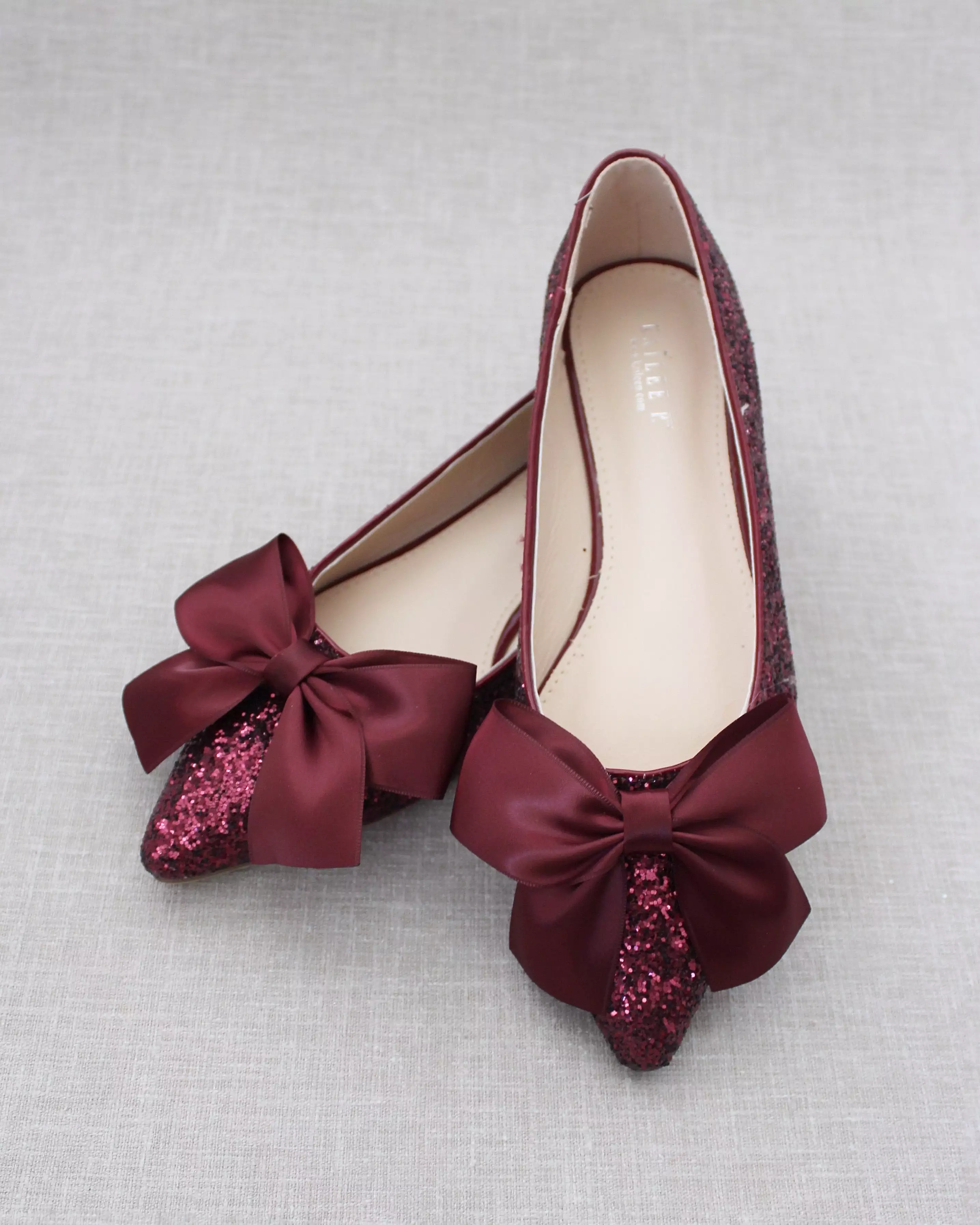 Burgundy Pointy Toe Glitter Evening Flats with Satin Bow