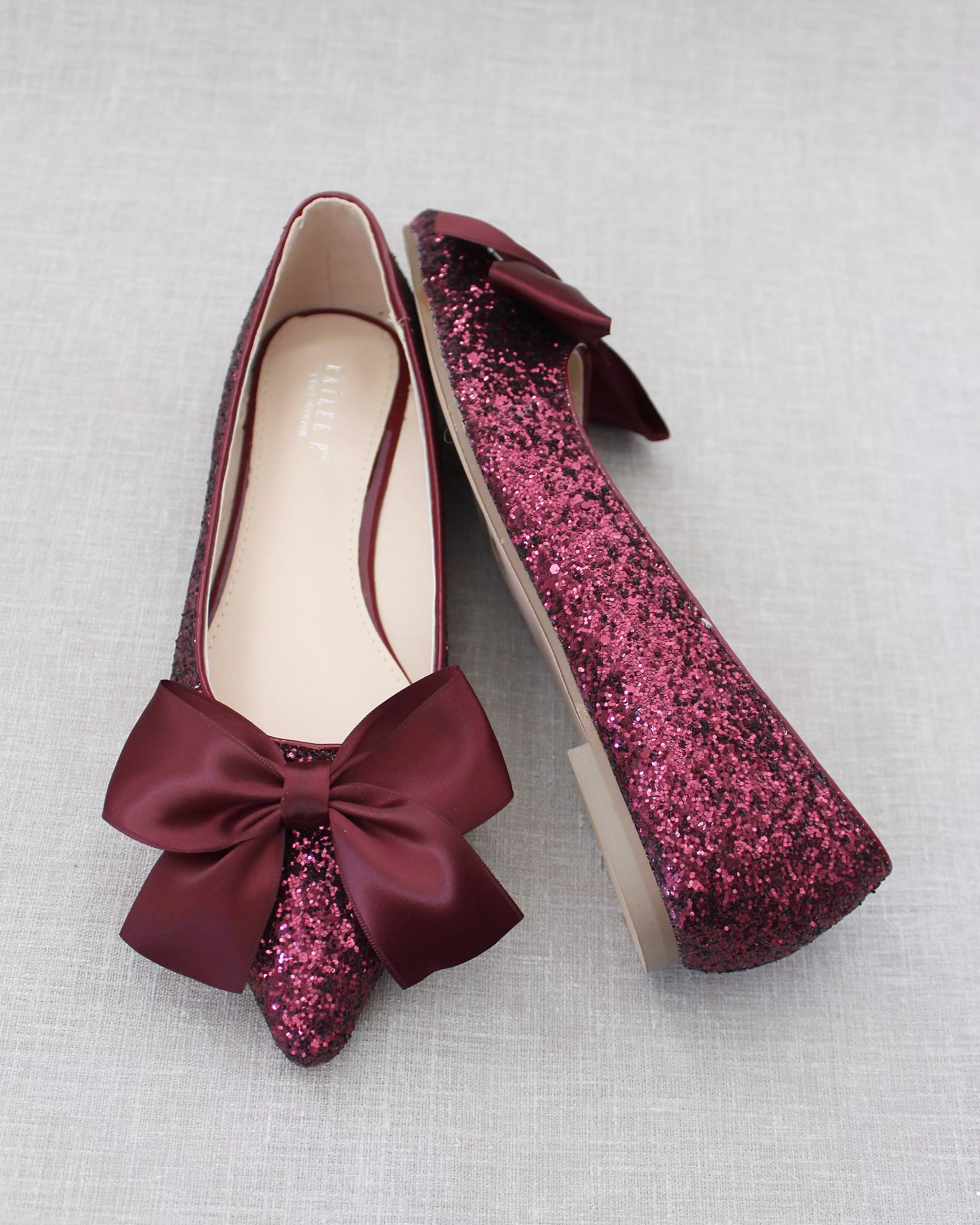 Burgundy Pointy Toe Glitter Evening Flats with Satin Bow