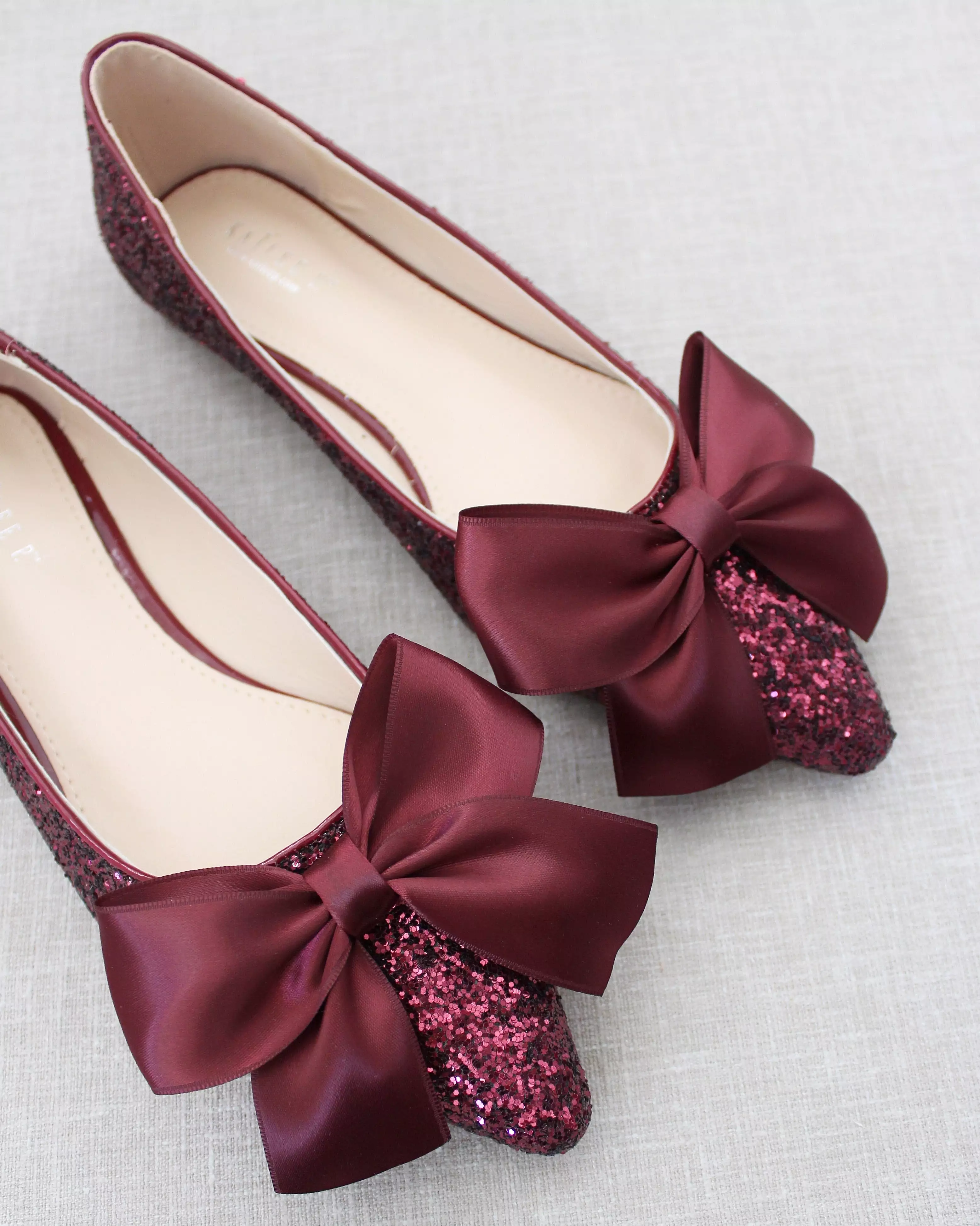 Burgundy Pointy Toe Glitter Evening Flats with Satin Bow