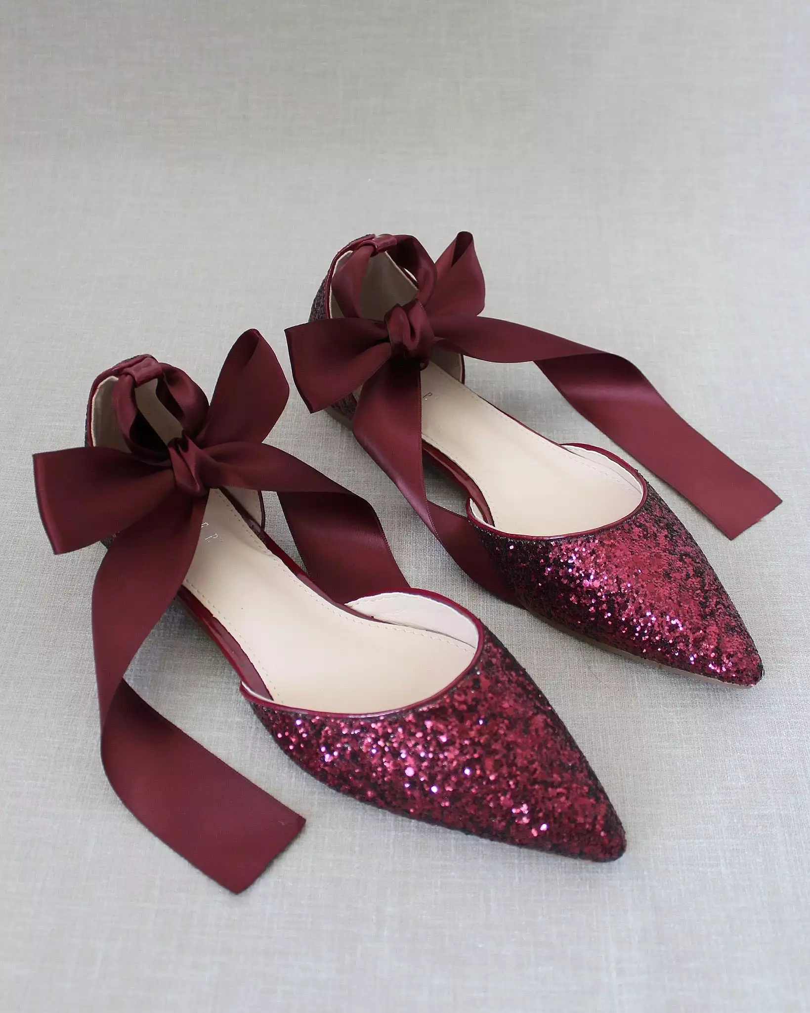 Burgundy Rock Glitter Pointy Toe Flats with Satin Ankle Tie or Ballerina Lace Up