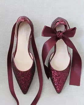 Burgundy Rock Glitter Pointy Toe Flats with Satin Ankle Tie or Ballerina Lace Up