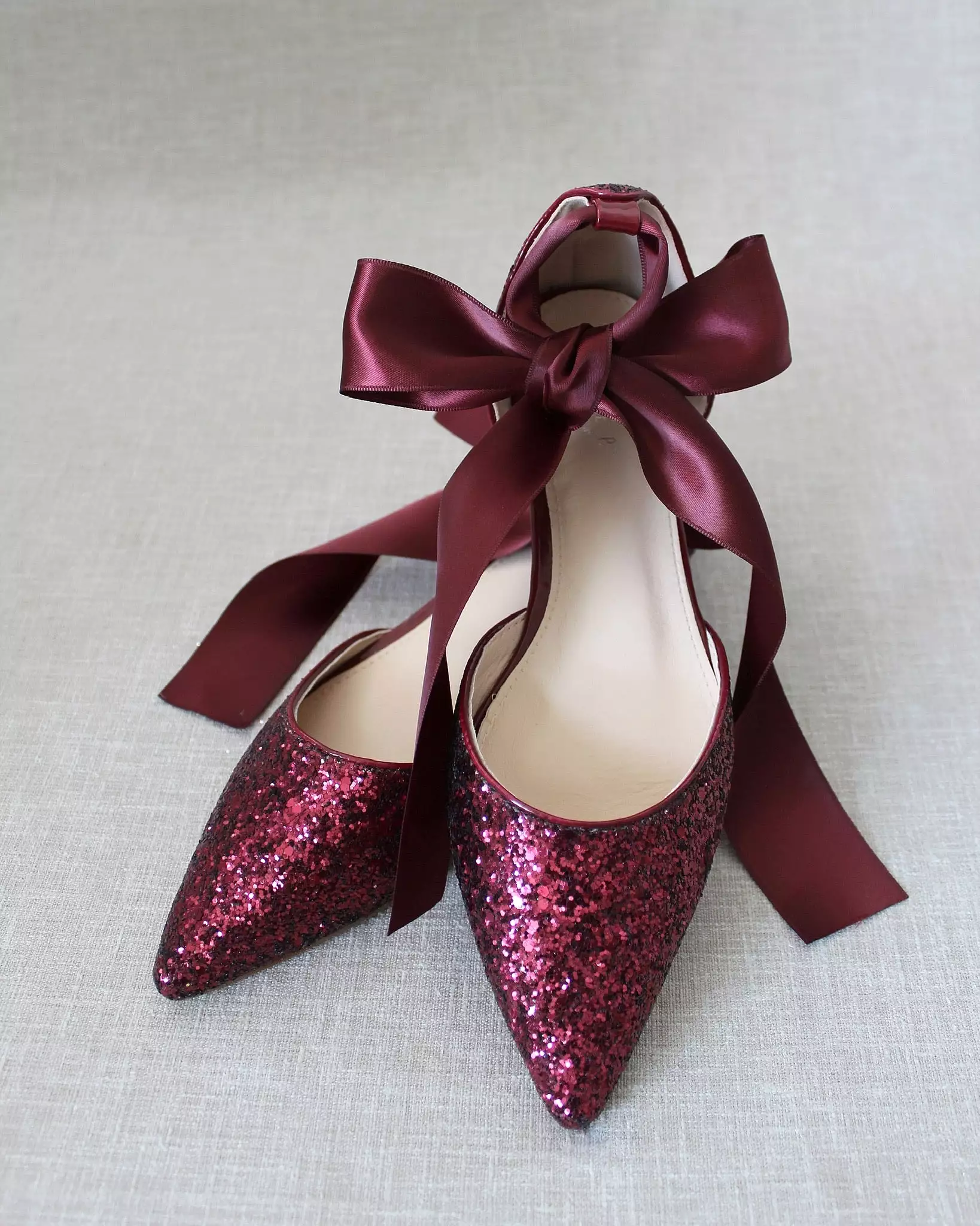 Burgundy Rock Glitter Pointy Toe Flats with Satin Ankle Tie or Ballerina Lace Up