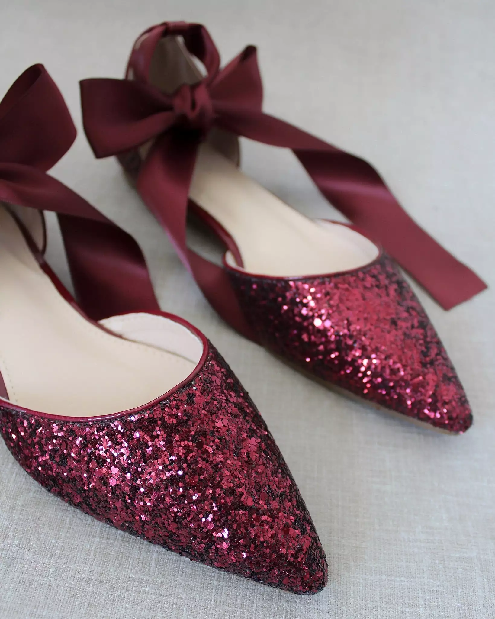 Burgundy Rock Glitter Pointy Toe Flats with Satin Ankle Tie or Ballerina Lace Up