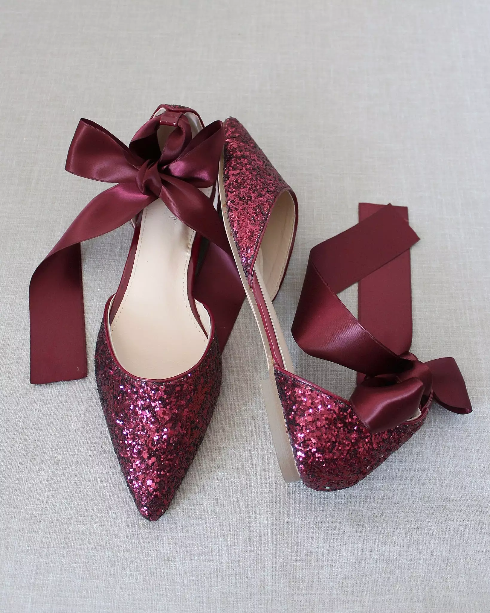 Burgundy Rock Glitter Pointy Toe Flats with Satin Ankle Tie or Ballerina Lace Up