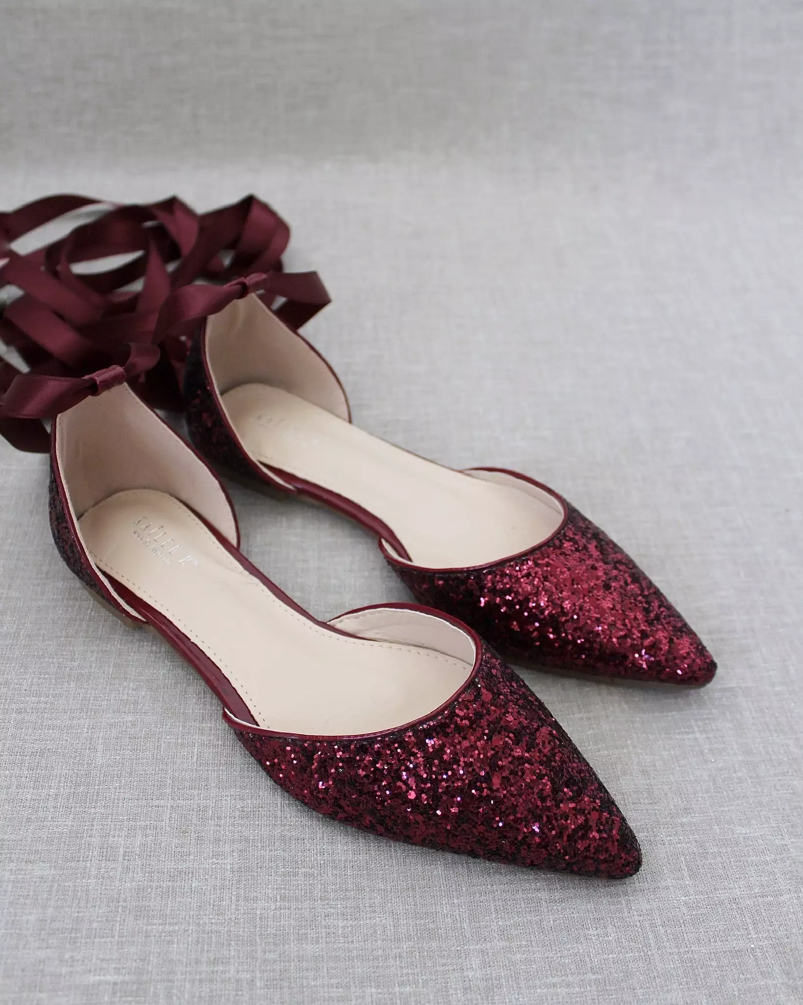 Burgundy Rock Glitter Pointy Toe Flats with Satin Ankle Tie or Ballerina Lace Up