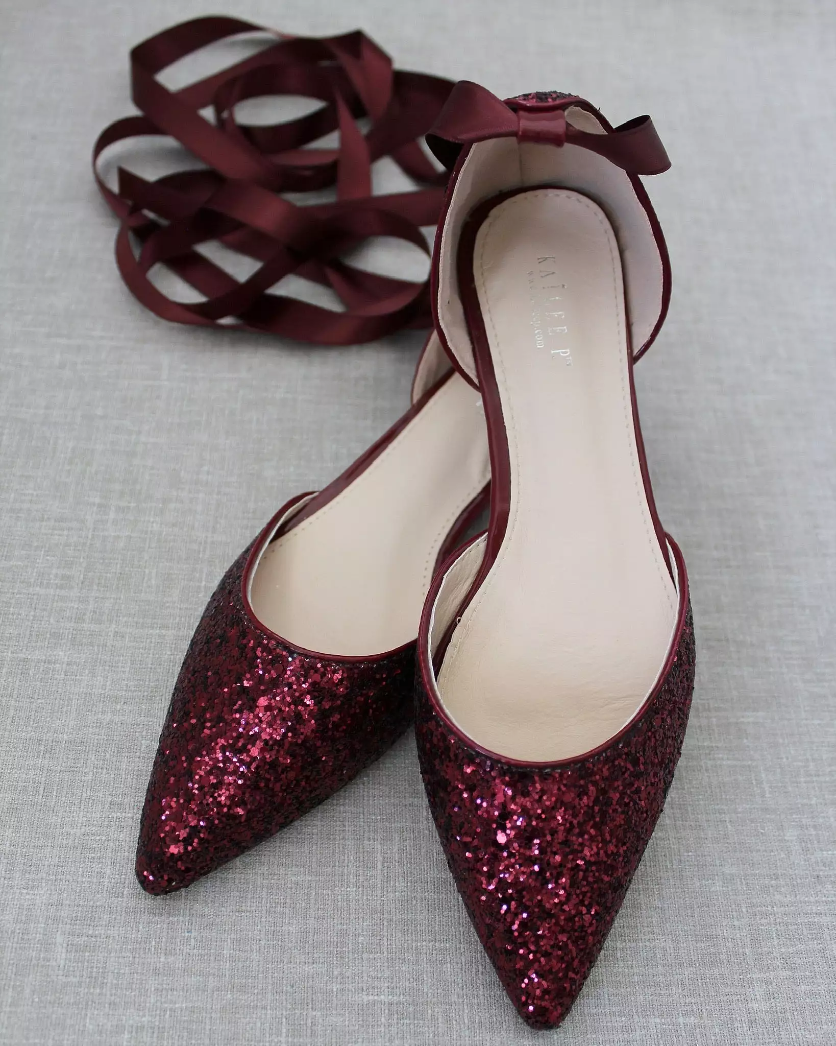 Burgundy Rock Glitter Pointy Toe Flats with Satin Ankle Tie or Ballerina Lace Up