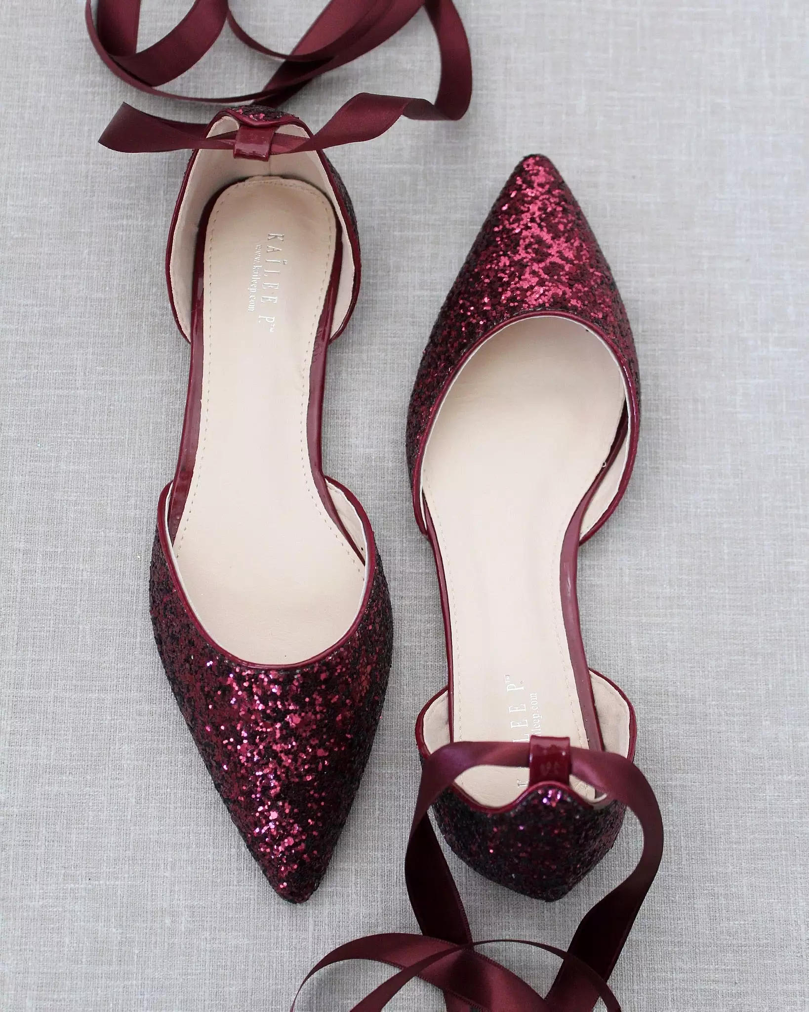 Burgundy Rock Glitter Pointy Toe Flats with Satin Ankle Tie or Ballerina Lace Up