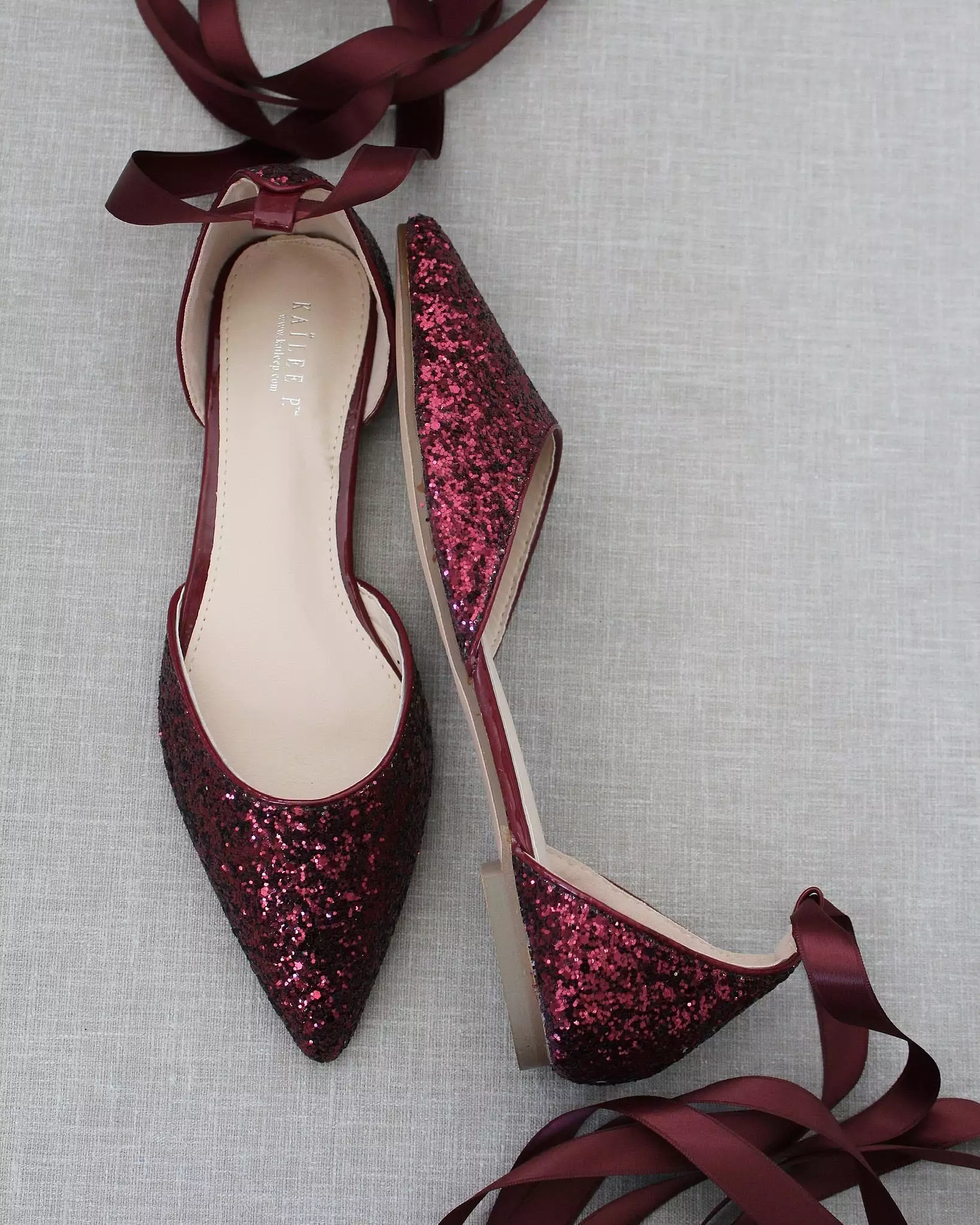 Burgundy Rock Glitter Pointy Toe Flats with Satin Ankle Tie or Ballerina Lace Up