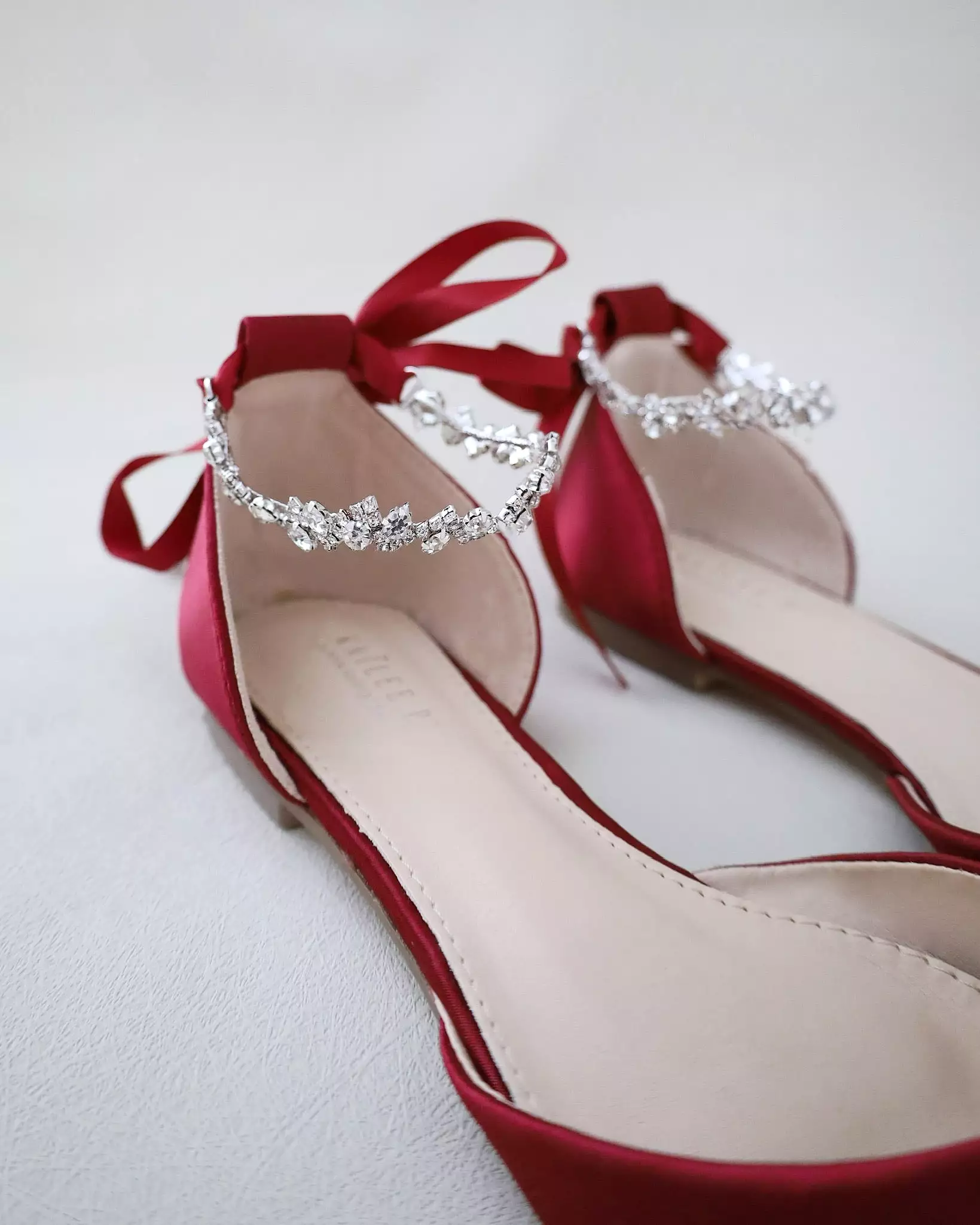 Burgundy Satin Pointy Toe Evening Flats with Amaryllis Strap