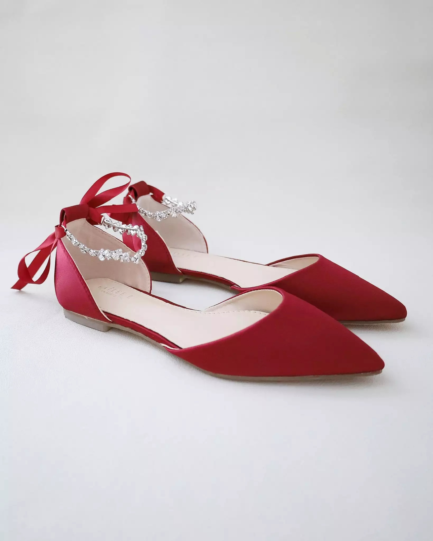 Burgundy Satin Pointy Toe Evening Flats with Amaryllis Strap