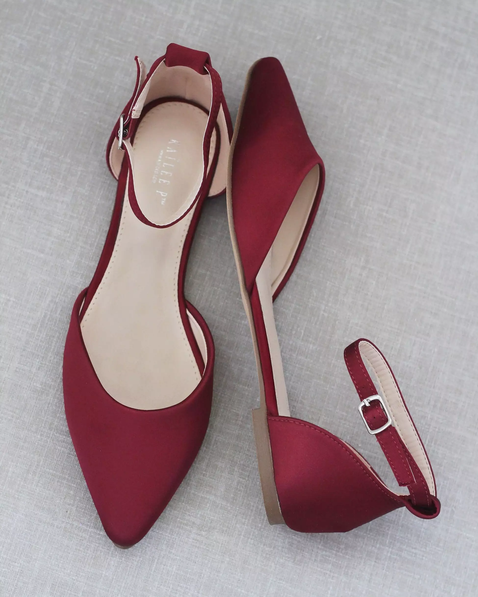 Burgundy Satin Pointy Toe Flats with Ankle Strap