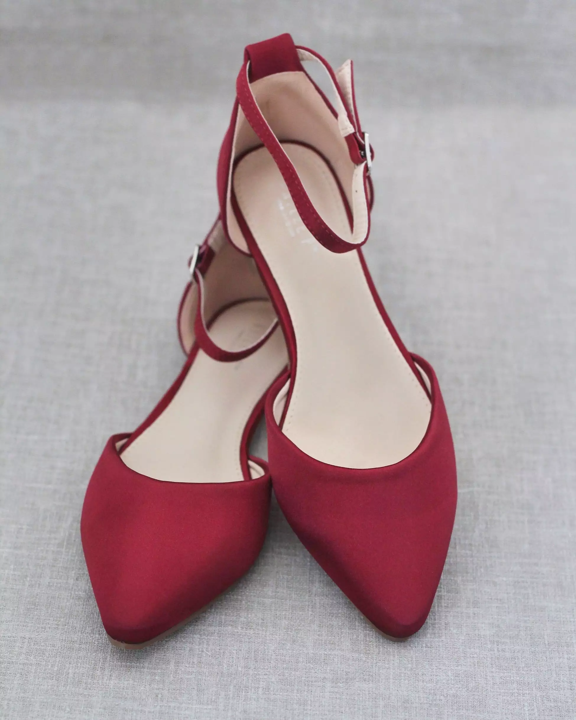 Burgundy Satin Pointy Toe Flats with Ankle Strap