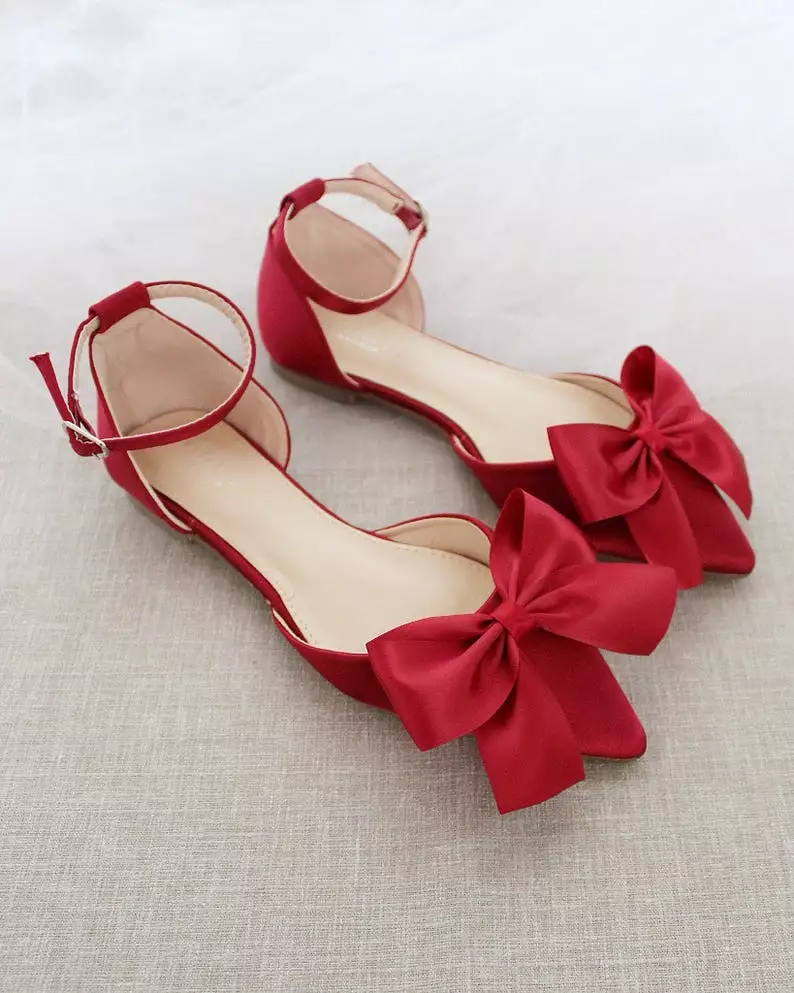 Burgundy Satin Pointy Toe flats with Front Satin Bow