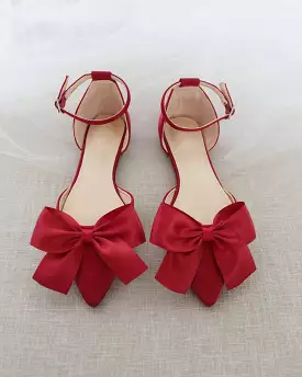 Burgundy Satin Pointy Toe flats with Front Satin Bow