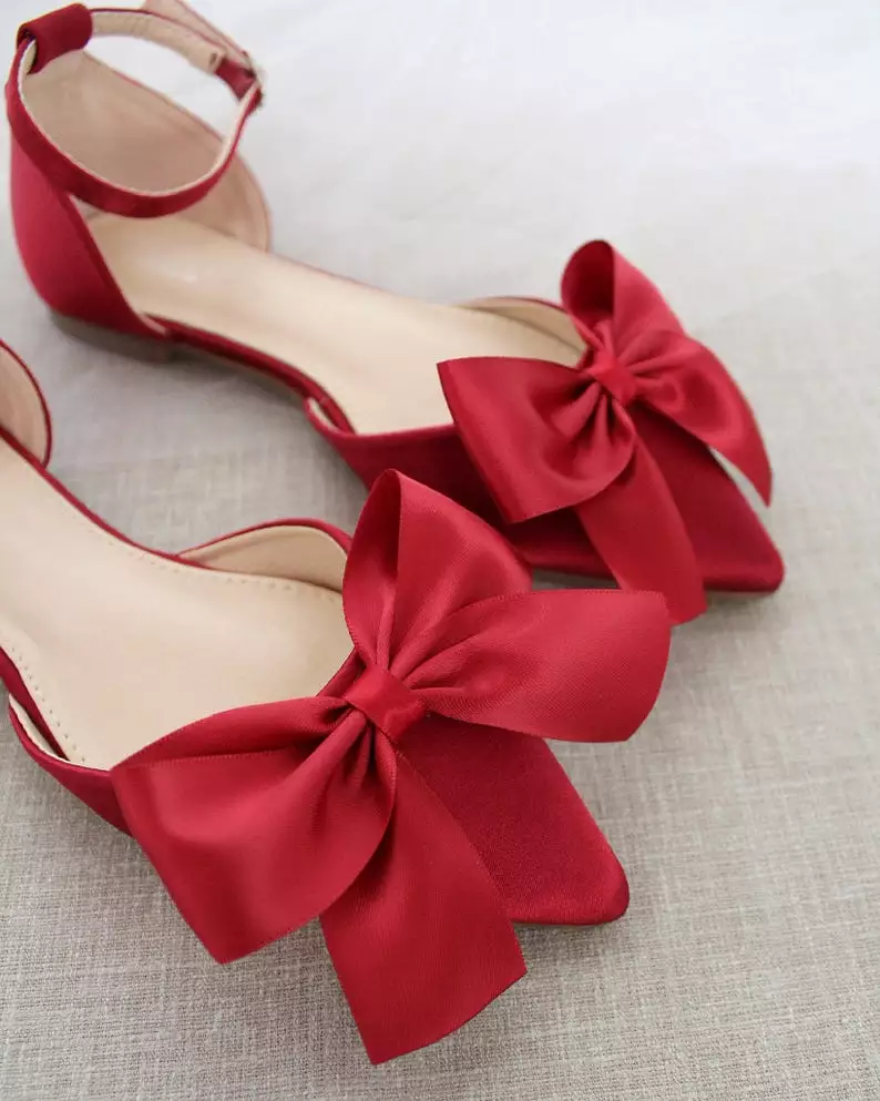 Burgundy Satin Pointy Toe flats with Front Satin Bow