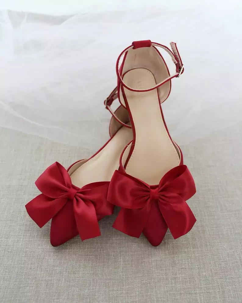 Burgundy Satin Pointy Toe flats with Front Satin Bow