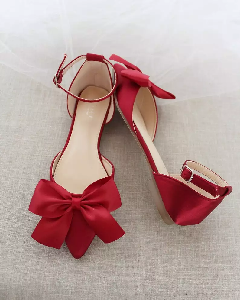 Burgundy Satin Pointy Toe flats with Front Satin Bow