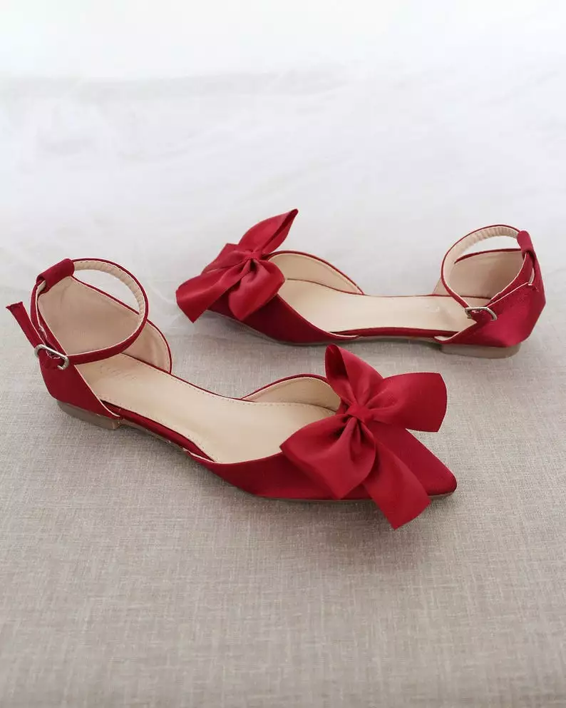 Burgundy Satin Pointy Toe flats with Front Satin Bow