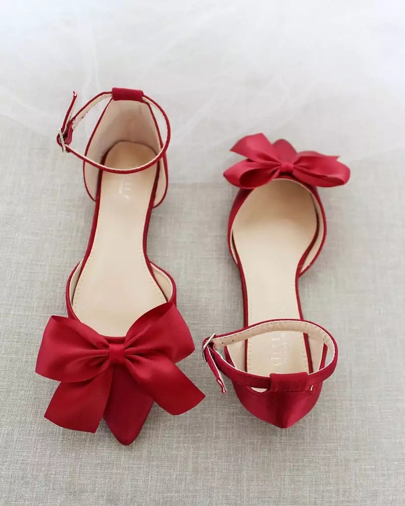 Burgundy Satin Pointy Toe flats with Front Satin Bow