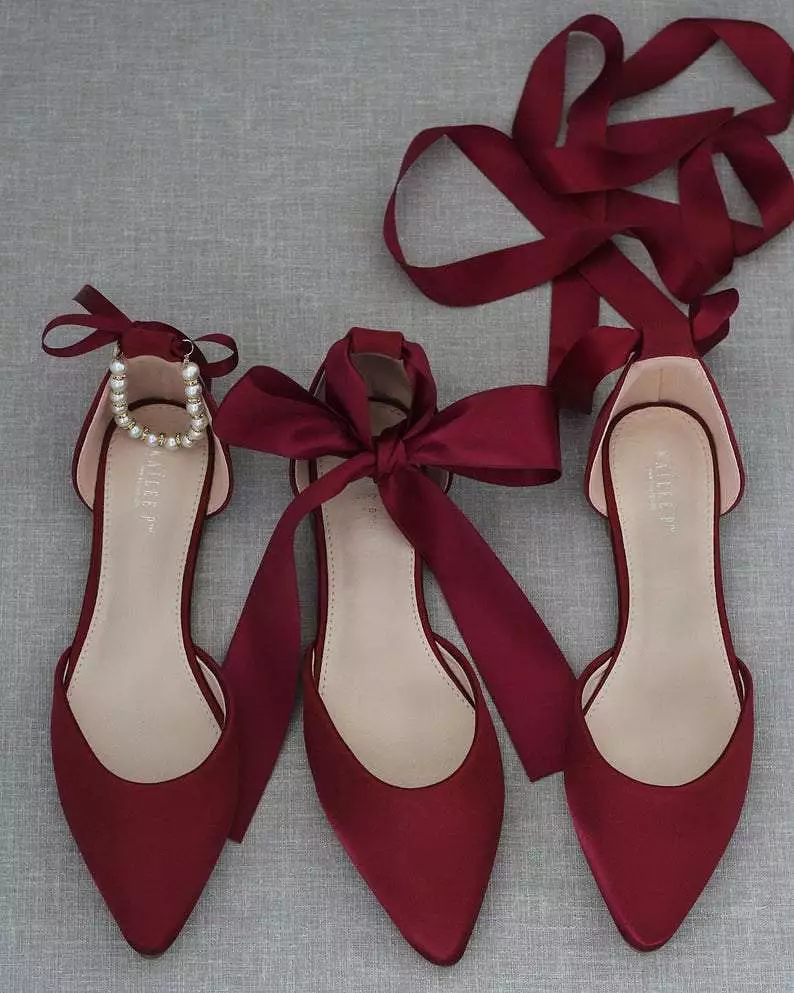 Burgundy Satin Pointy Toe Flats with Satin Ankle Tie or Ballerina Lace Up